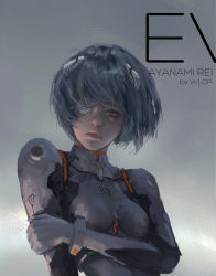 Rule 34 | 00s, 1girl, artist name, ayanami rei, bandages, bandage over one eye, blue hair, bodysuit, breasts, character name, evangelion: 1.0 you are (not) alone, hand on own arm, neon genesis evangelion, pilot suit, plugsuit, rebuild of evangelion, red eyes, short hair, small breasts, solo, upper body, wlop