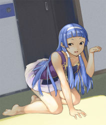 Rule 34 | 00s, 1girl, :d, all fours, barefoot, blue eyes, blue hair, blunt bangs, feet, flat chest, hair ornament, hair tubes, hairband, kannagi, long hair, matching hair/eyes, nagi, naughty face, oboro (squeeze), on floor, open mouth, paw pose, pleated skirt, ribbon, skirt, smile, solo, tank top