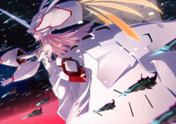 Rule 34 | 1girl, absurdres, alternate costume, darling in the franxx, detached collar, detached sleeves, dress, from side, highres, long hair, mecha musume, off-shoulder dress, off shoulder, outstretched arms, pink hair, profile, solo, strelizia, sylvia (huajiuhuajiu), very long hair, white dress, white headwear, zero two (darling in the franxx)