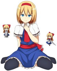 Rule 34 | &gt;:), 1girl, alice margatroid, ascot, bad id, bad twitter id, black thighhighs, blonde hair, blue dress, blue eyes, bow, capelet, doll, dress, enushi (toho193), full body, hair bow, hairband, highres, kneeling, looking at viewer, polearm, red bow, sash, shanghai doll, shield, short hair, simple background, smile, spear, thighhighs, touhou, v-shaped eyebrows, weapon, white background