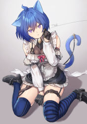 Rule 34 | 1girl, animal ears, apron, asymmetrical legwear, between legs, black dress, black footwear, black gloves, blue hair, blue thighhighs, bow, breasts, brown background, buckle, cat ears, cat girl, cat tail, commentary request, detached sleeves, dress, from above, gloves, gradient background, grey ribbon, hair between eyes, half gloves, hand up, head tilt, high heels, long sleeves, looking at viewer, maid, maid apron, medium breasts, medium hair, mismatched legwear, original, parted lips, paw pose, pink bow, purple eyes, shadow, shiny skin, short dress, signature, sitting, skindentation, solo, striped clothes, striped thighhighs, tail, thigh strap, thighhighs, tyone, vertical-striped clothes, vertical-striped thighhighs, wariza
