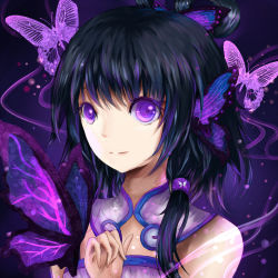 Rule 34 | 1girl, alternate eye color, bare shoulders, black hair, bug, butterfly, dark background, hair ornament, hair rings, highres, bug, light smile, luo tianyi, purple eyes, short hair, short hair with long locks, solo, twintails, vocaloid, vocanese, vowscat