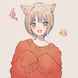 Rule 34 | 1girl, :d, animal ears, blue eyes, blush, brown hair, cat ears, chisumi, fangs, grey background, long sleeves, looking at viewer, open mouth, orange sweater, original, short hair, simple background, smile, solo, squiggle, sweater