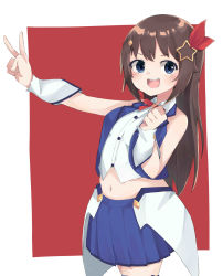 Rule 34 | 1girl, :d, absurdres, bare shoulders, blue eyes, blue jacket, blue skirt, blush, border, breasts, brown hair, cowboy shot, hair flaps, hair ornament, hair ribbon, hairclip, highres, hololive, jacket, long hair, looking at viewer, miniskirt, open mouth, pleated skirt, red background, red ribbon, ribbon, sasakungoodsize, shirt, skirt, sleeveless, small breasts, smile, solo, standing, star (symbol), star hair ornament, tokino sora, tokino sora (1st costume), v, v-shaped eyebrows, virtual youtuber, waist cape, white border, white shirt, wrist cuffs