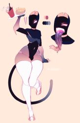 Rule 34 | 1boy, android, animal ears, bulge, carrying, cat ears, cat tail, choker, digitigrade, food, forked tongue, furry, glowing, glowing eyes, glowing lines, glowing mouth, highres, leotard, long tongue, midriff peek, navel, original, piercing, pink eyes, tail, thighhighs, tongue, tongue out, tongue piercing, tray, walking, white thighhighs, zhiin