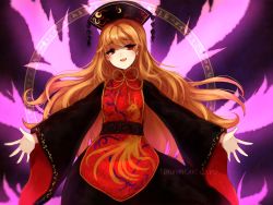 Rule 34 | 1girl, :d, bad id, bad tumblr id, black dress, brown hair, chinese clothes, crescent moon, dress, gradient background, hat, junko (touhou), long hair, long sleeves, moon, open mouth, orange hair, red eyes, simple background, smile, solo, tabard, terupancake, touhou