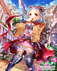 Rule 34 | armor, awning, bag, bird, blue sky, bottle, bow, bread, bread slice, brick, building, cape, day, dress, fantasy, flower, food, food in mouth, gauntlets, grey legwear, hair bow, hair ornament, long hair, mouth hold, official art, original, outdoors, pink dress, polearm, red cape, red eyes, rioka (southern blue sky), shopping bag, silver hair, sky, solo, spear, standing, tenkuu no crystalia, toast, toast in mouth, weapon, window, wine bottle