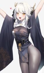 Rule 34 | 1girl, absurdres, blanc (nikke), goddess of victory: nikke, highres, looking at viewer, maviss 03, open mouth, pantyhose, simple background, smile, solo, white hair, yellow eyes