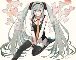 Rule 34 | 1girl, bandages, boots, character name, collar, fingerless gloves, gloves, hatsune miku, headset, heart, hishi (k-xaby), long hair, necktie, sitting, skirt, solo, thigh boots, thighhighs, twintails, very long hair, vocaloid