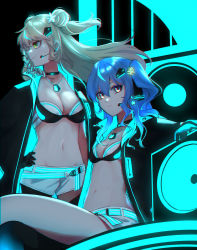 Rule 34 | 2girls, bikini, bikini shorts, bikini under clothes, black bikini, black choker, black gloves, black jacket, blonde hair, blue hair, breasts, choker, closed mouth, commentary request, dog tags, double bun, earphones, floating hair, flower, gloves, green eyes, hair between eyes, hair bun, hair flower, hair ornament, hand on own hip, highres, hololive, hoshimachi suisei, jacket, long hair, long sleeves, looking at viewer, looking away, medium breasts, microphone, momosuzu nene, multiple girls, navel, one side up, open clothes, open jacket, profile, saco (cgmore), short shorts, shorts, small breasts, star (symbol), star hair ornament, stomach, swimsuit, virtual youtuber, white shorts