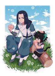 Rule 34 | 2boys, animal ears, ar (rikuesuto), blue hair, cat boy, cat ears, child, chinese clothes, closed mouth, eating, food, forehead, fruit, green eyes, long hair, long sleeves, luo xiaohei, luo xiaohei zhanji, multiple boys, peach, smile, tail, wuxian (the legend of luoxiaohei)
