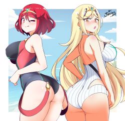 Rule 34 | 2girls, absurdres, ass, blonde hair, breasts, highres, jarckius, large breasts, multiple girls, mythra (radiant beach) (xenoblade), mythra (xenoblade), one-piece swimsuit, pyra (pro swimmer) (xenoblade), pyra (xenoblade), red eyes, red hair, swimsuit, thigh gap, xenoblade chronicles (series), xenoblade chronicles 2, yellow eyes
