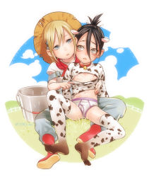 Rule 34 | 2boys, aged down, animal ears, animal print, bad id, bad pixiv id, bell, black hair, blonde hair, blue overalls, bucket, cheek-to-cheek, clothes pull, collar, cow ears, cow horns, cow print, cowbell, facial mark, farm, folded ponytail, frown, hat, heads together, horns, looking at another, male focus, male underwear, multiple boys, neck bell, nipples, no pants, one-punch man, onsoku no sonic, overalls, pants, pants tucked in, print shirt, pulling another&#039;s clothes, scar, senkou no flash, shirt, straw hat, thighhighs, tokisuna, underwear, undressing, white male underwear, yaoi