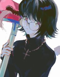Rule 34 | 1girl, black hair, black sweater, blinky, blood, blood on face, closed mouth, cross, cross necklace, glasses, highres, holding, hunter x hunter, jewelry, long sleeves, looking at viewer, necklace, nima (nimamann), red pupils, saliva, shizuku murasaki, short hair, simple background, sweater, tongue, upper body, vacuum cleaner, white background