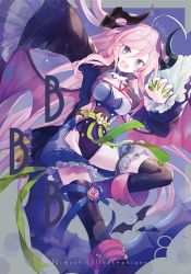 Rule 34 | 10s, 1girl, baggy shorts, belt, black thighhighs, blue eyes, boots, claw pose, cropped jacket, demon girl, demon horns, demon wings, gao, green nails, hip vent, horns, ibara riato, leotard, long hair, long sleeves, nail polish, official art, open mouth, original, pink hair, puffy shorts, ribbon, shingeki no bahamut, shorts, smile, solo, thighhighs, very long hair, wide sleeves, wings