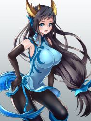 Rule 34 | 1girl, :d, black hair, blue eyes, breasts, chinese clothes, covered navel, dragon tail, elbow gloves, fins, gloves, hajime (azutantakatan), head fins, horns, karin (p&amp;d), large breasts, long hair, low-tied long hair, open mouth, pantyhose, puzzle &amp; dragons, smile, solo, tail, very long hair