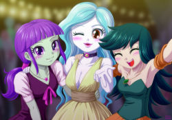 Rule 34 | 3girls, armpits, blowing kiss, blue hair, breasts, brown eyes, cleavage, colored skin, dress, green hair, green skin, jewelry, long hair, multicolored hair, multiple girls, my little pony, my little pony: equestria girls, my little pony: friendship is magic, necklace, one eye closed, paisley (mlp), purple eyes, purple hair, short twintails, starlight, sweet leaf, twintails, two-tone hair, uotapo, white skin, wink