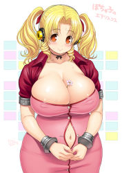 Rule 34 | 1girl, aerith gainsborough, aerith gainsborough (cosplay), between breasts, blonde hair, blush, bow, breasts, bursting belly, bursting breasts, cleavage, cosplay, covered erect nipples, cropped jacket, dress, final fantasy, final fantasy vii, flower, headphones, huge breasts, long dress, looking at viewer, navel, nitroplus, orange eyes, plump, ribbon, short hair, simple background, skindentation, smile, solo, super pochaco, tsuji santa, twintails, undersized clothes, wide hips