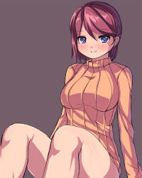 Rule 34 | 1girl, blue eyes, blush, breasts, large breasts, open mouth, original, red hair, saiste, short hair, sitting, smile, solo, sweater, turtleneck