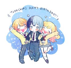 Rule 34 | !, !!, 1girl, 2boys, :d, ^ ^, aoyagi touya, arm hug, averting eyes, belt, belt buckle, black belt, black jacket, black necktie, blazer, blonde hair, blue eyes, blue hair, blue pants, blush, boy and girl sandwich, brother and sister, brown footwear, buckle, cardigan, character name, chibi, circle, closed eyes, collared shirt, commentary, cross, crossed bangs, dark blue hair, diagonal-striped clothes, diagonal-striped necktie, double-parted bangs, english text, flower (symbol), flustered, full body, gradient hair, grey skirt, happy, happy birthday, highres, jacket, kamiyama high school uniform (project sekai), lapels, leaning on person, leg up, light blue background, light blue hair, loafers, long hair, miniskirt, miyamasuzaka girls&#039; academy school uniform, multicolored background, multicolored hair, multicolored necktie, multiple boys, neckerchief, necktie, notched lapels, notice lines, open clothes, open jacket, open mouth, orange hair, outstretched arm, pants, parted lips, pink hair, pleated skirt, poppu usagi, project sekai, red neckerchief, red necktie, sailor collar, sandwiched, school uniform, serafuku, shirt, shirt tucked in, shoes, siblings, sketch, skirt, sleeves past wrists, smile, socks, sparkle, split-color hair, standing, standing on one leg, star (symbol), striped clothes, teeth, tenma saki, tenma tsukasa, twintails, two-tone hair, upper teeth only, white background, white necktie, white shirt, white socks, yellow cardigan