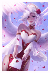 Rule 34 | 1girl, alternate costume, angel wings, bare shoulders, blue sky, border, breasts, choker, commentary, dated, day, detached sleeves, envelope, eyelashes, feathered wings, flower, foreshortening, giving, gradient hair, hair flower, hair ornament, heart, holding, light smile, lips, mercy (overwatch), multicolored hair, nail polish, nose, olchas, outdoors, overwatch, overwatch 1, pelvic curtain, petals, pink hair, pink lips, red flower, red nails, red rose, rose, signature, sky, small breasts, solo, spread wings, valentine, watermark, wavy hair, web address, white border, white hair, white wings, wings