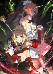 Rule 34 | 2girls, absurdres, back, back-to-back, bare shoulders, blonde hair, breasts, bridal veil, clarent (fate), commentary request, fate/apocrypha, fate/grand order, fate (series), fist bump, frankenstein&#039;s monster (fate), green eyes, hair between eyes, highres, holding, holding sword, holding weapon, horns, mordred (fate), mordred (fate/apocrypha), multiple girls, pink hair, ponytail, scottie (phantom2), short hair, single horn, smile, sword, underboob, veil, weapon