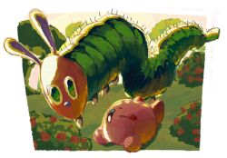 anistarrae bush caterpillar day kirby kirby_(series) lying nintendo no_humans on_back one_eye_closed outdoors the_very_hungry_caterpillar the_very_hungry_caterpillar_(character) tree