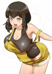 Rule 34 | 10s, 1girl, armpits, breasts, brown eyes, brown hair, cleavage, collarbone, covered erect nipples, female focus, gatchaman crowds, ichinose hajime, large breasts, leaning forward, looking at viewer, nishiumi rin, open mouth, overalls, see-through, shirt, simple background, solo, strap slip, taut clothes, taut shirt
