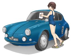 Rule 34 | 10s, 1girl, alpine a106, ass, blue one-piece swimsuit, brown eyes, brown hair, car, cleaning, commentary request, girls und panzer, holding, looking at viewer, looking back, motor vehicle, nakajima (girls und panzer), one-piece swimsuit, open mouth, rag, sandals, school swimsuit, shadow, short hair, simple background, smile, solo, standing, standing on one leg, swimsuit, uona telepin, vehicle focus, vehicle request, washing vehicle, white background