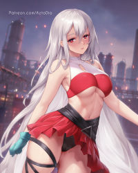 Rule 34 | 1girl, arknights, armpits, aztodio, bare shoulders, black panties, breasts, commentary, cowboy shot, crop top, english commentary, gloves, hair between eyes, halterneck, large breasts, long hair, looking at viewer, medium breasts, midriff, navel, panties, parted lips, red eyes, red skirt, silver hair, skadi (arknights), skadi the corrupting heart (arknights), skirt, sleeveless, solo, standing, thigh strap, thighs, underboob, underwear, very long hair