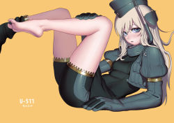 Rule 34 | 1girl, artist name, barefoot, bike shorts, black one-piece swimsuit, blonde hair, blue eyes, blush, breasts, character name, cropped jacket, feet, garrison cap, hat, headgear, highres, kantai collection, long hair, nanja, one-piece swimsuit, parted lips, puffy sleeves, simple background, small breasts, solo, swimsuit, thighs, u-511 (kancolle), yellow background