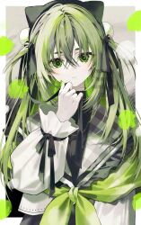 Rule 34 | 1girl, animal ears, animal hat, black ribbon, bow, dress, fingernails, green bow, green eyes, green hair, green nails, green theme, hair between eyes, hair ribbon, hand on own face, hand up, hat, highres, long hair, long sleeves, looking at viewer, original, oshioshio, puffy long sleeves, puffy sleeves, ribbon, solo, two side up, upper body