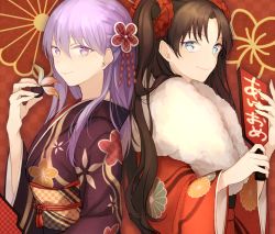Rule 34 | 2girls, akeome, alternate costume, back-to-back, blush, commentary request, cowboy shot, cropped, fate/stay night, fate (series), floral print, flower, fur collar, hagoita, hair flower, hair ornament, hair scrunchie, japanese clothes, kimono, long hair, long sleeves, looking at viewer, matou sakura, multiple girls, new year, obi, paddle, sash, scrunchie, siblings, sisters, smile, tohsaka rin, two side up, wide sleeves, wowishi, yukata
