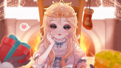Rule 34 | 1girl, abe (kumayu), black eyes, blonde hair, blue ribbon, bow, christmas, christmas stocking, collar, crown, dress, eyeshadow, fireplace, frilled collar, frills, galatea (identity v), gift, hand on own cheek, hand on own face, head tilt, heart, highres, identity v, indoors, light particles, long hair, looking at viewer, makeup, official alternate costume, out of frame, pale skin, puffy short sleeves, puffy sleeves, red eyeshadow, red lips, ribbon, short sleeves, sitting, smile, solo focus, speech bubble, spoken heart, christmas stocking, wheelchair, white dress