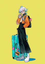 Rule 34 | 1boy, absurdres, backpack, bag, cup, drinking straw, ear piercing, earphones, earrings, full body, glasses, hand in pocket, highres, holding, holding cup, jewelry, long sleeves, looking at viewer, multiple rings, mura karuki, nail polish, original, piercing, ponytail, ring, simple background, smile, standing, wireless earphones, yellow background