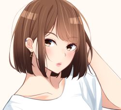 Rule 34 | 1girl, arm up, beige background, blush, bob cut, brown eyes, brown hair, collarbone, commentary request, ear piercing, earrings, highres, jewelry, kapatarou, lips, looking at viewer, looking to the side, original, parted lips, piercing, pink lips, shirt, short hair, short sleeves, simple background, solo, upper body, white shirt, wide sleeves