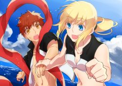 Rule 34 | 1boy, 1girl, :d, artoria pendragon (all), artoria pendragon (fate), artoria pendragon (swimsuit archer) (second ascension) (fate), blonde hair, blue eyes, cloud, commentary request, day, emiya shirou, fate/grand order, fate/stay night, fate (series), holding hands, jacket, long hair, matching outfits, midriff, navel, open mouth, otama (atama ohanabatake), outdoors, ponytail, projection magecraft (fate/grand order), raglan sleeves, red hair, saber (fate), sky, smile, water, yellow eyes