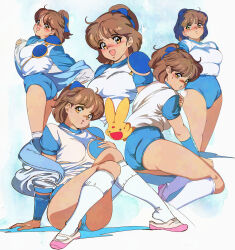 1girl arle_nadja armor arms_behind_back ass blue_bow blue_leotard blush bound bow breasts brown_eyes brown_hair buruma carbuncle_(puyopuyo) cowboy_shot gym_uniform hair_bow half_updo highres kneehighs large_breasts legs_apart legs_together leotard looking_at_viewer medium_breasts multiple_girls multiple_views open_mouth pauldrons ponytail puyopuyo retro_artstyle shimadai587779 shirt shoes short_hair short_sleeves shorts shoulder_armor simple_background single_pauldron sitting smile sneakers socks solo_focus sportswear white_shirt white_socks