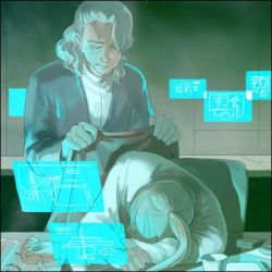 Rule 34 | 00s, 2boys, arms up, billy katagiri, blanket, chair, covering with blanket, closed eyes, formal, gundam, gundam 00, holographic interface, holographic monitor, leif eifman, long sleeves, lowres, male focus, multiple boys, ponytail, short hair, silver hair, sleeping, suit, table
