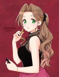 Rule 34 | 1girl, 2021, aerith gainsborough, bad id, bad pixiv id, bare arms, black bow, black shirt, bow, bracelet, brown hair, cosmetics, dated, earrings, final fantasy, final fantasy vii, from side, green eyes, hair bow, hair intakes, hair ornament, jewelry, krudears, lipstick tube, long hair, parted lips, pink skirt, red background, red lips, shirt, skirt, sleeveless, sleeveless shirt, solo, twitter username, very long hair, watermark, x hair ornament