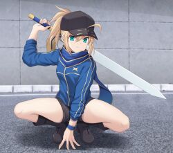 Rule 34 | 1girl, ahoge, artoria pendragon (fate), baseball cap, black hat, black shorts, blonde hair, blue jacket, blue scarf, closed mouth, cross (crossryou), excalibur (fate/stay night), fate/grand order, fate (series), full body, green eyes, hair between eyes, hair through headwear, hand on floor, hand on ground, hat, highres, himitsucalibur (fate), holding, jacket, long hair, looking at viewer, mysterious heroine x (fate), on floor, ponytail, scarf, shoes, shorts, solo, spread legs, squatting, sword, tiptoes, track jacket, weapon