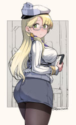 Rule 34 | 1girl, ass, black pantyhose, blonde hair, breasts, clipboard, commentary request, cowboy shot, geso smith, glasses, green eyes, grey skirt, hat, highres, kantai collection, large breasts, long hair, looking at viewer, military, military uniform, northampton (kancolle), pantyhose, peaked cap, pencil skirt, skirt, solo, thighband pantyhose, uniform, white hat