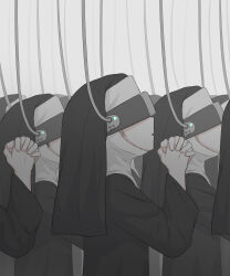 Rule 34 | 6+girls, absurdres, avogado6, black dress, check commentary, commentary request, dress, facing to the side, from side, grey background, habit, hands up, head-mounted display, highres, hood, long sleeves, multiple girls, nun, original, own hands clasped, own hands together, parted lips, praying, simple background, symbolism, traditional nun, upper body, virtual reality