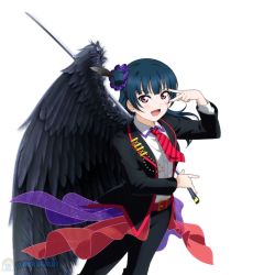 Rule 34 | 1girl, artist name, artist request, belt, black cardigan, black feathers, black jacket, black pants, black wings, blue hair, blush, breasts, cardigan, collared shirt, feather hair ornament, feathers, female focus, guilty kiss (love live!), hair bun, hair ornament, hair scrunchie, holding, holding sword, holding weapon, jacket, long hair, long sleeves, looking at viewer, love live!, love live! school idol festival, love live! sunshine!!, necktie, pants, parted lips, pink eyes, purple eyes, purple scrunchie, red belt, red necktie, scrunchie, shirt, side bun, single hair bun, single wing, small breasts, smile, solo, striped, striped necktie, sword, tsushima yoshiko, v, v over eye, weapon, white shirt, wings