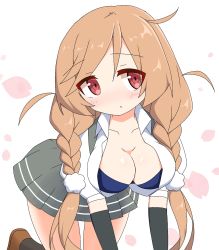 Rule 34 | 1girl, :o, all fours, arm warmers, black socks, blue bra, blush, bra, braid, breasts, brown footwear, brown hair, cleavage, collared shirt, commentary request, dress shirt, grey skirt, hair between eyes, highres, ichi (ichi.colors), kantai collection, kneehighs, light brown hair, long hair, low twintails, medium breasts, minegumo (kancolle), parted lips, petals, pleated skirt, puffy short sleeves, puffy sleeves, red eyes, shirt, short sleeves, simple background, skirt, socks, solo, suspender skirt, suspenders, twin braids, twintails, underwear, very long hair, white background, white shirt