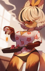 Rule 34 | 1girl, animal ears, bacon, black hair, black panties, borrowed character, breasts, cigarette, cleavage, commission, cooking, egg, female focus, floral print, food, fox ears, fox girl, fox tail, furry, furry female, hair over eyes, highres, indoors, large breasts, multicolored hair, original, panties, print shirt, shirt, frying pan, smile, smoke, smoking, solo, streaked hair, sunlight, tail, underwear, white hair, window, zombiemiso