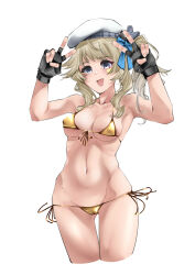 Rule 34 | 1girl, absurdres, beret, bikini, blue eyes, blue ribbon, breasts, cameltoe, cleft of venus, collarbone, covered erect nipples, cowboy shot, cropped legs, double v, fingerless gloves, girls&#039; frontline, girls&#039; frontline 2: exilium, gloves, gold bikini, hair ribbon, hat, highres, looking at viewer, medium breasts, medium hair, micro bikini, navel, nym+ (nymplus), open mouth, ribbon, side-tie bikini bottom, side ponytail, sidelocks, smile, solo, stomach, straight-on, swimsuit, v, vepley (girls&#039; frontline 2), white background, white hat