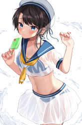Rule 34 | 1girl, bad id, bad pixiv id, bikini, bikini under clothes, black hair, blue bikini, blue sailor collar, blush, braid, breasts, cleavage, closed mouth, collarbone, cowboy shot, crop top, food, hands up, hat, highres, holding, holding food, hololive, looking at viewer, miniskirt, moonbell, nail polish, navel, neckerchief, oozora subaru, popsicle, red nails, sailor collar, sailor hat, see-through, shirt, short hair, short sleeves, simple background, skirt, small breasts, solo, stomach, swimsuit, virtual youtuber, water, wet, wet clothes, wet shirt, wet skirt, white background, white hat, white shirt, yellow neckerchief
