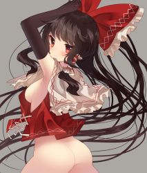 Rule 34 | 1girl, armpits, ass, black gloves, black hair, blush, bottomless, breasts, elbow gloves, expressionless, gloves, grey background, hair ornament, hair ribbon, hair tubes, hakurei reimu, highres, long hair, looking at viewer, looking back, medium breasts, no bra, one-hour drawing challenge, ponytail, red eyes, ribbon, shirt, sideboob, simple background, solo, touhou, usamata, very long hair
