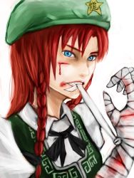 Rule 34 | 1girl, bandaged hand, bandages, beret, blood, female focus, hat, hong meiling, injury, mouth hold, portrait, red hair, shiro467, solo, teeth, touhou, white background